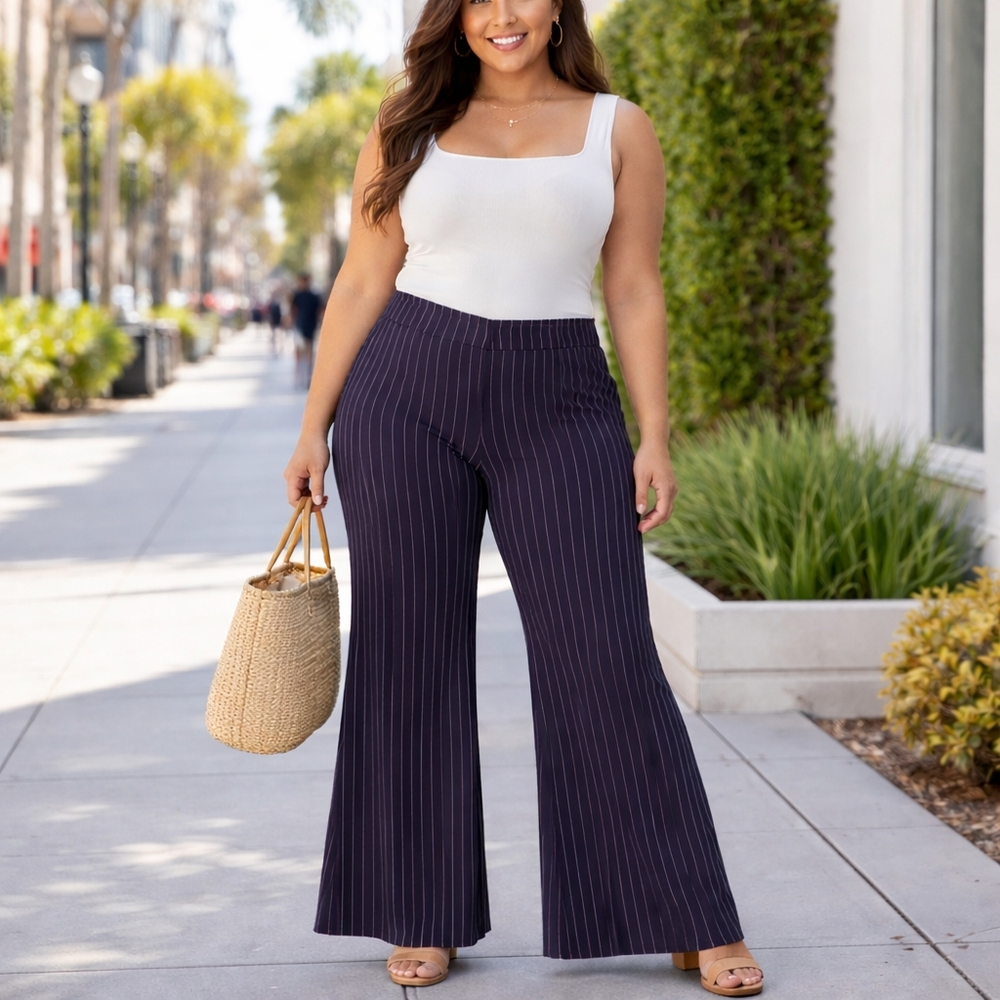 Betabrand Navy Pinstripe Flare Pants High Rise Stretch Workwear Chic Plus Size